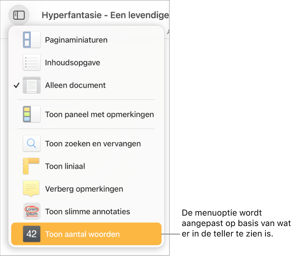 Het geopende Weergave-menu met onderin de optie 'Toon aantal tekens'.