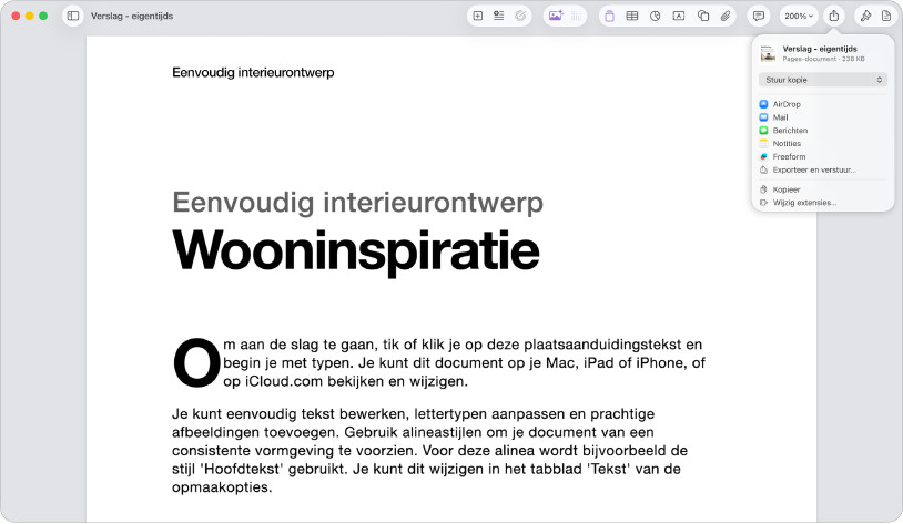 Een geopend document waarin het Deel-menu geopend is.