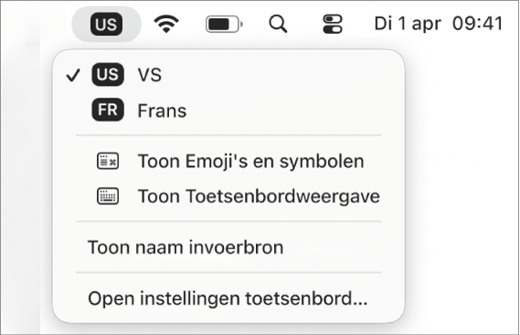 Het invoermenu in de rechterbovenhoek van de menubalk.