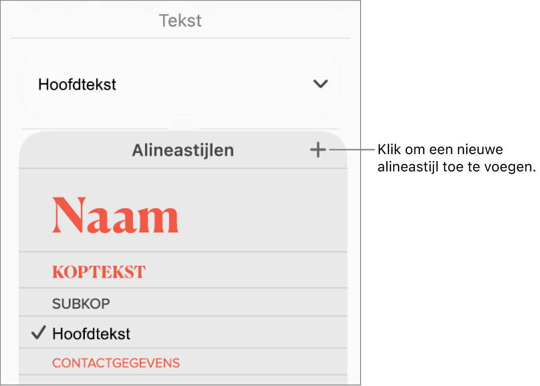 Het menu 'Alineastijlen' met uitleg bij de knop voor een nieuwe stijl.
