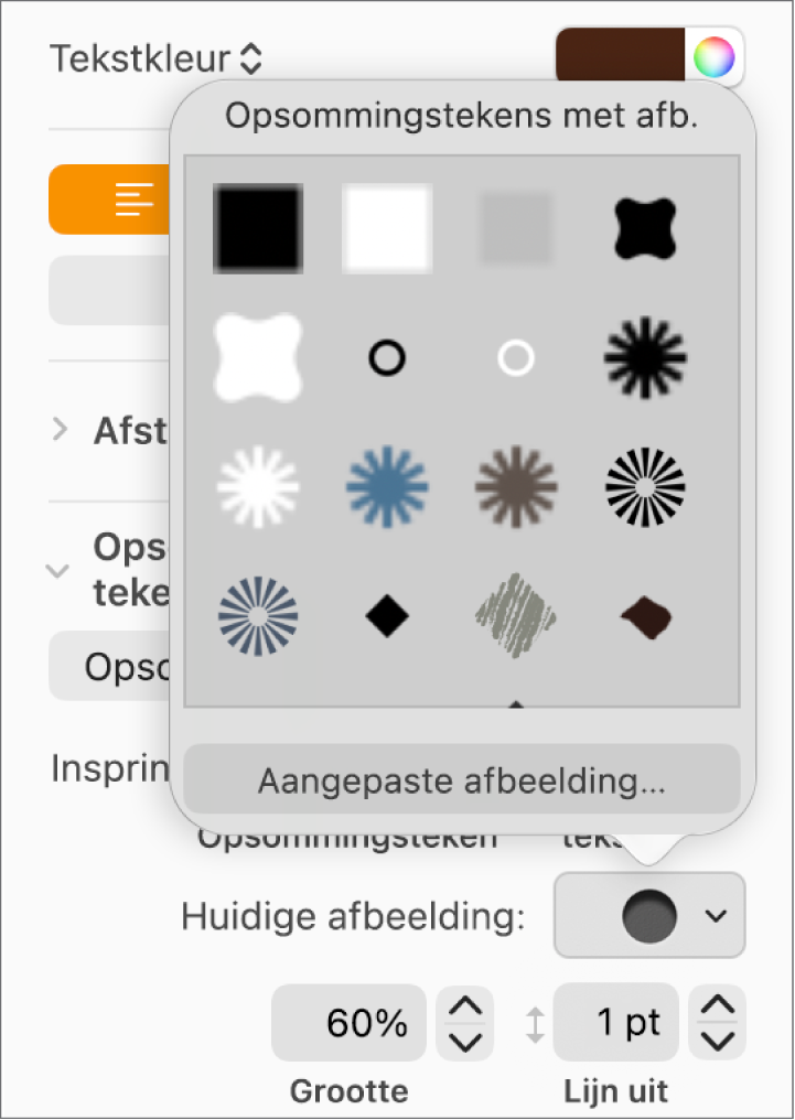 Het pop‑upmenu 'Opsommingstekens met afb.'.