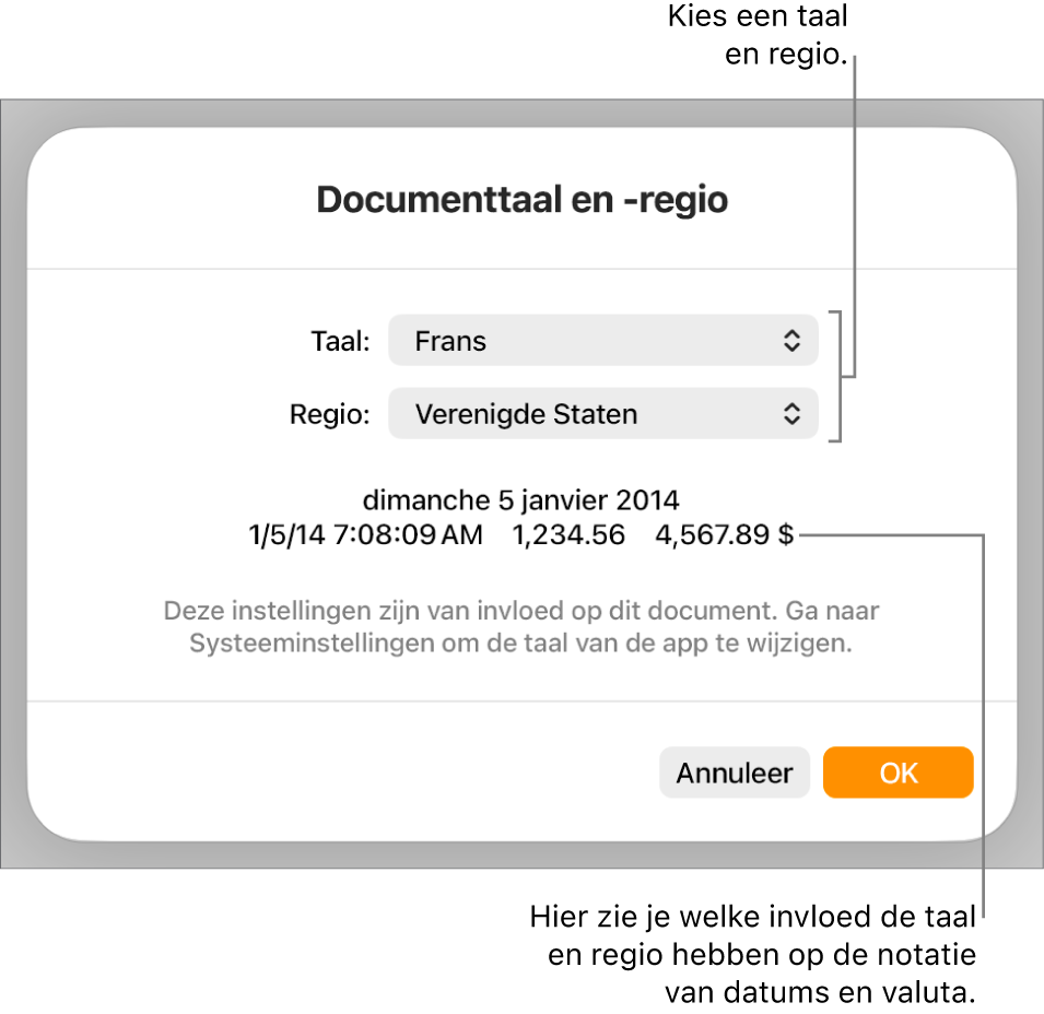 Paneel met regelaars voor de taal en regio en een voorbeeld van de notatie van datum, tijd, decimaalteken en valuta.