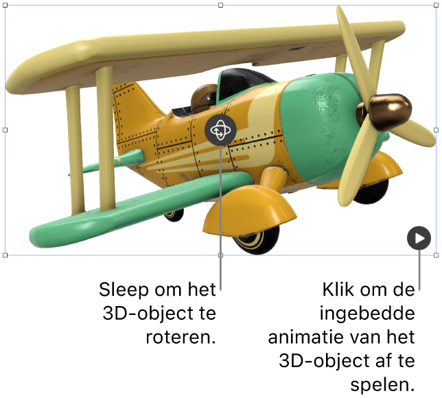 Een 3D-object met de roteerknop in het midden van het object en de afspeelknop in de rechterbenedenhoek.
