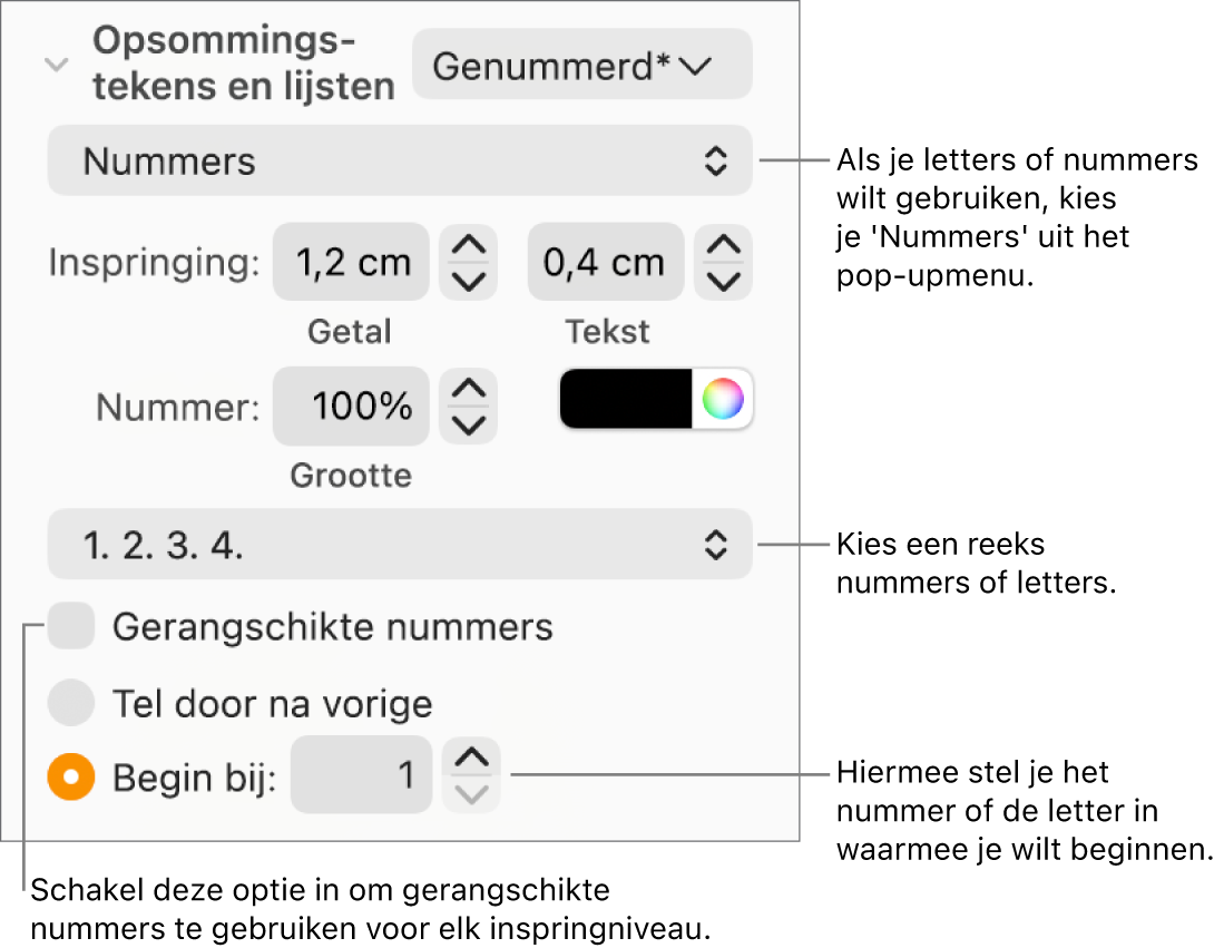 Regelaars voor het wijzigen van de nummeringsstijl en de afstand voor een lijst.