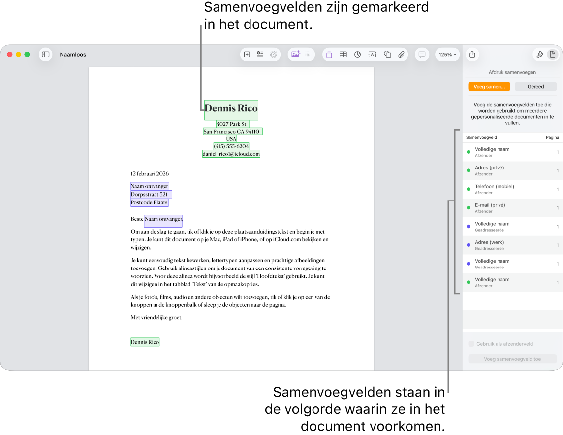 Pages-document met samenvoegvelden voor geadresseerde en afzender. In de navigatiekolom 'Document' wordt de lijst met alle gebruikte samenvoegvelden weergegeven.
