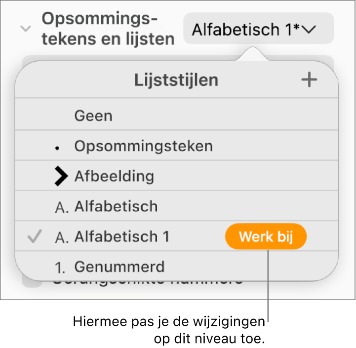 Het pop‑upmenu 'Lijststijlen' met een knop 'Werk bij' naast de naam van de nieuwe stijl.