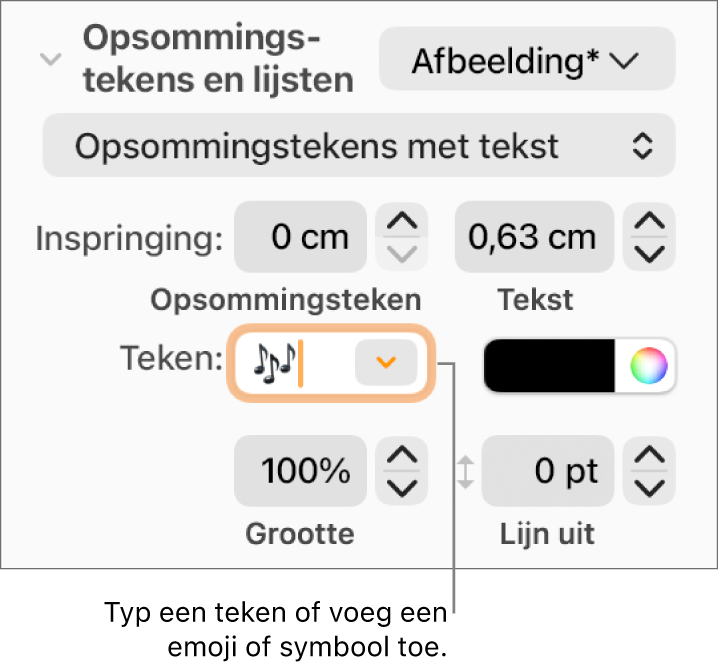 Het gedeelte 'Opsommingstekens en lijsten' in de navigatiekolom 'Opmaak'. In het veld 'Teken' staat een emoji van een bloem.