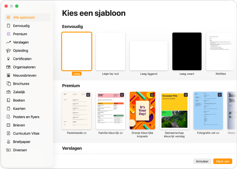 De sjabloonkiezer. De navigatiekolom aan de linkerkant bevat sjablooncategorieën waarmee je de beschikbare sjablonen kunt filteren. Aan de rechterkant staan miniaturen van vooraf gedefinieerde sjablonen die per categorie zijn gerangschikt. Rechtsonder staan de knoppen 'Annuleer' en 'Maak aan'.
