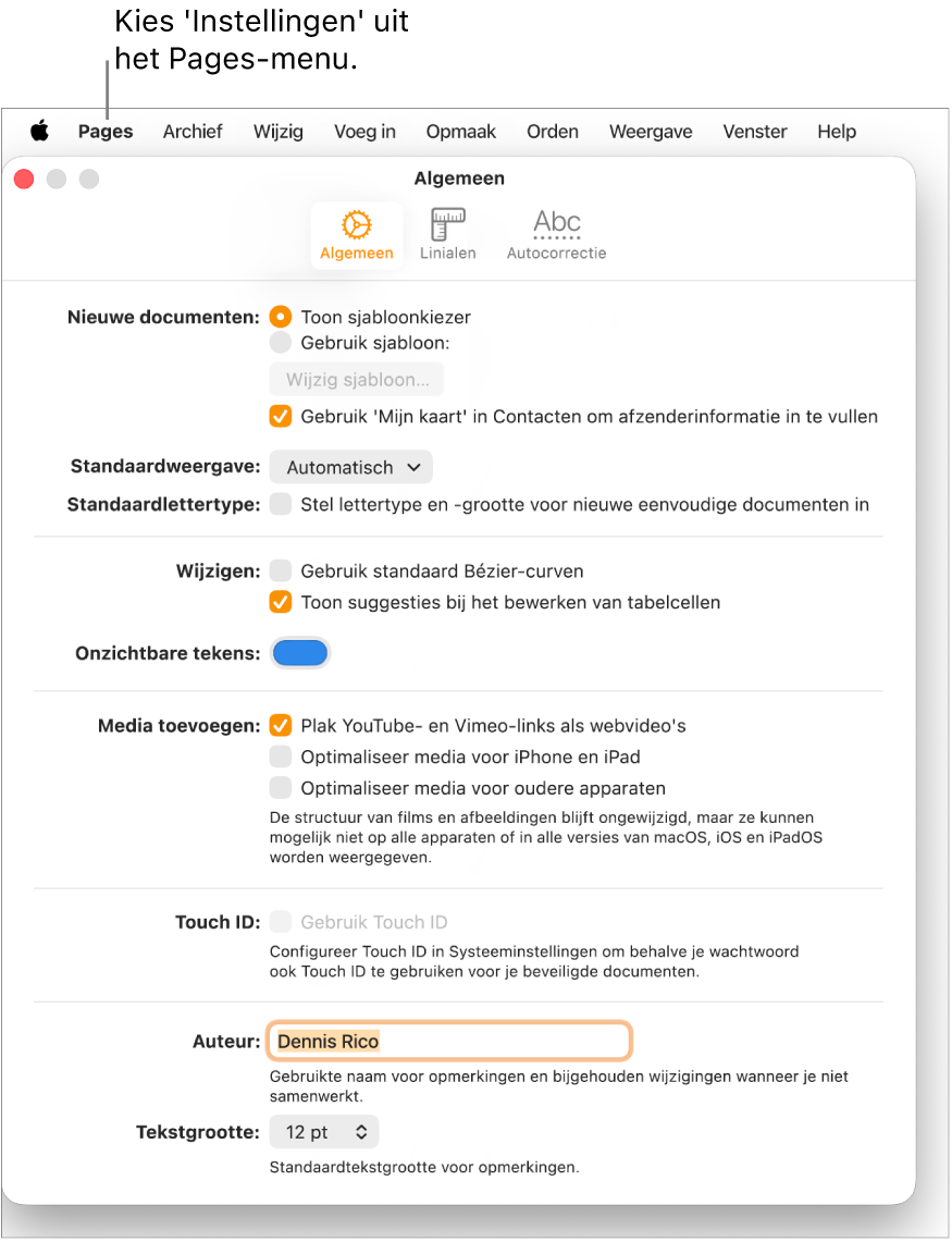 Het paneel 'Algemeen' in het instellingenvenster van Pages met instellingen voor nieuwe documenten, standaardweergave en standaardlettertype, wijzigen, vergelijkingen, onzichtbare tekens, toevoegen van media, Touch ID, auteursnaam en standaardtekstgrootte.