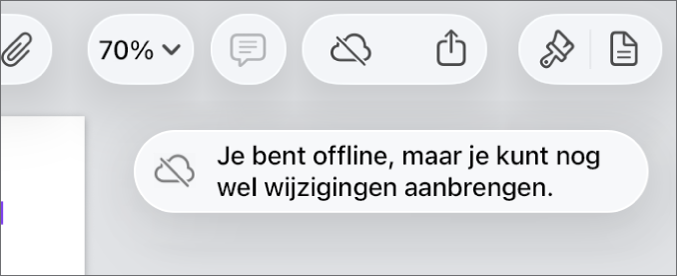 De knoppen boven in het scherm, met de knop voor samenwerking die is veranderd in een wolk met een schuine streep. De volgende melding staat op het scherm: 'Je bent offline, maar je kunt nog wel wijzigingen aanbrengen.'