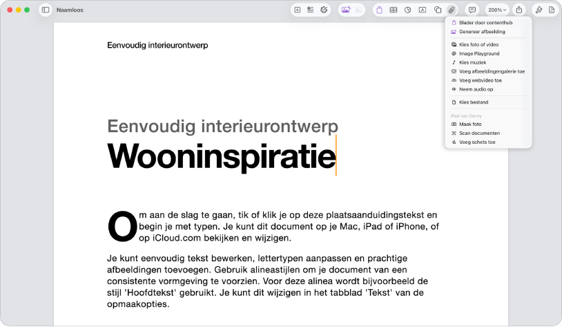 Een geopend document waarin het menu 'Voeg media toe' geopend is.