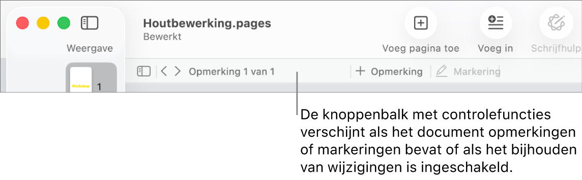 De Pages-knoppenbalk boven in het scherm met knoppen voor Weergave, Zoom, Voeg pagina toe, Voeg in, Tabel, Diagram, Tekst, Vorm, Media en Opmerking. Onder de Pages-knoppenbalk staat de knoppenbalk met controlefuncties met een knop voor het verbergen of weergeven van opmerkingen, pijlen om naar de vorige of volgende opmerking te gaan, het totale aantal opmerkingen en knoppen voor het toevoegen van een opmerking of markering.