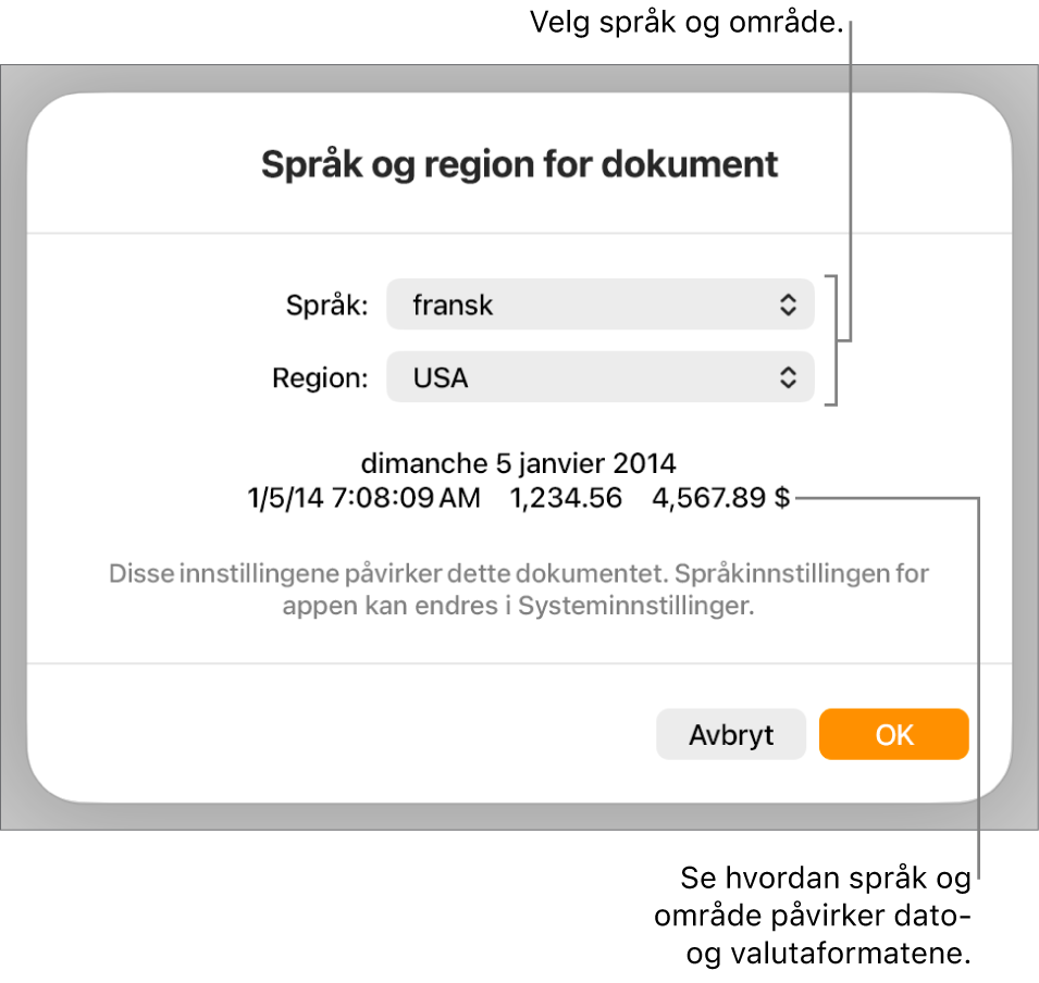Språk og region-panelet med kontroller for språk og region, og et formateksempel med dato, klokkeslett, desimaler og valuta.