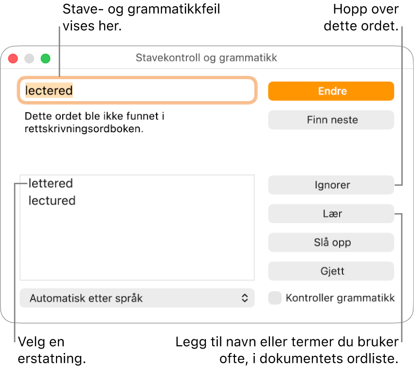 Stavekontroll og grammatikk-vinduet.