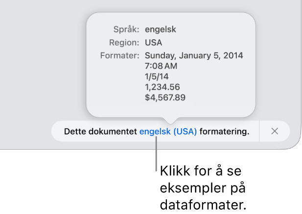 Varsling som viser en annen språk- og regionsinnstilling, med eksempler på formatering for det språket og den regionen.