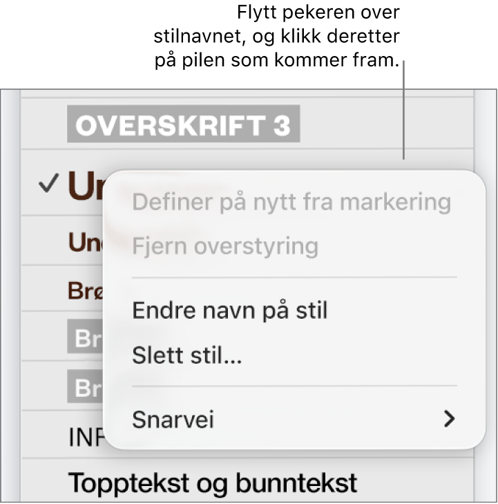 Avsnittsstiler-menyen, med snarveismenyen åpen.
