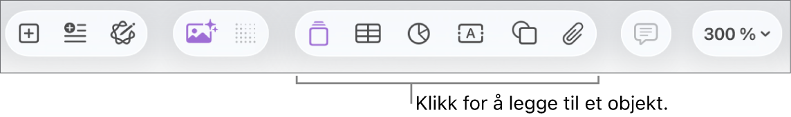 Pages-verktøylinjen med Sett inn-, Tabell-, Diagram-, Tekst-, Figur- og Medier-knappene.