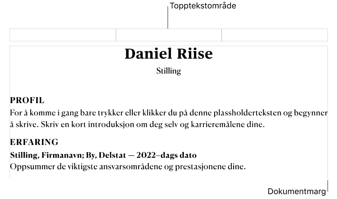 Layoutvisning som viser topptekstområde og dokumentmarger.