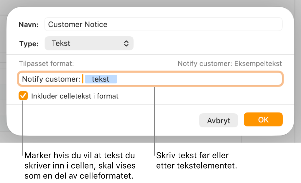 Tilpasset celleformat-vinduet, med kontroller for å velge tilpasset tekstformatering.