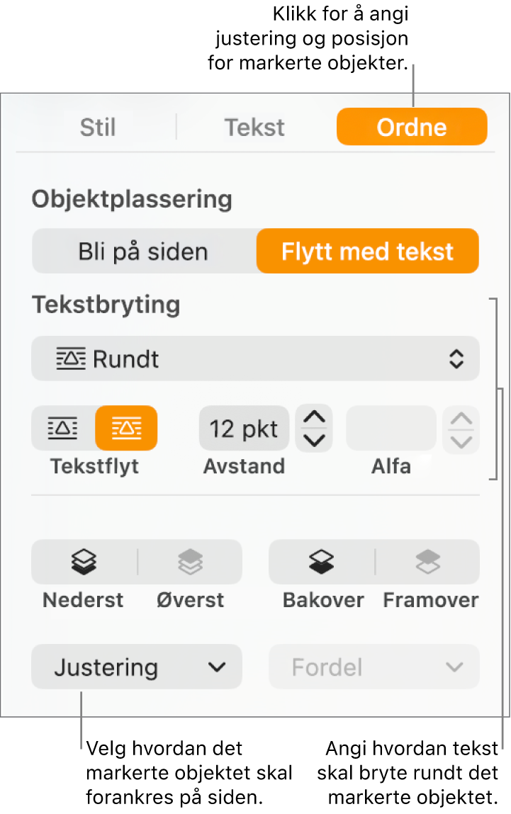 Format-menyen med Ordne-sidepanelet synlig. Objektplassering-innstillingene er øverst i Ordne-sidepanelet med Tekstbryting-innstillingene under.