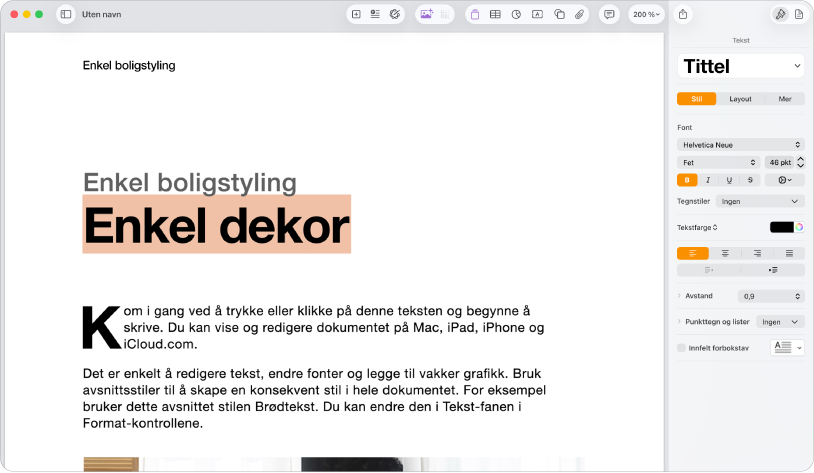 Åpent dokument med Format-sidepanelet åpent og Tekst-fanen markert.