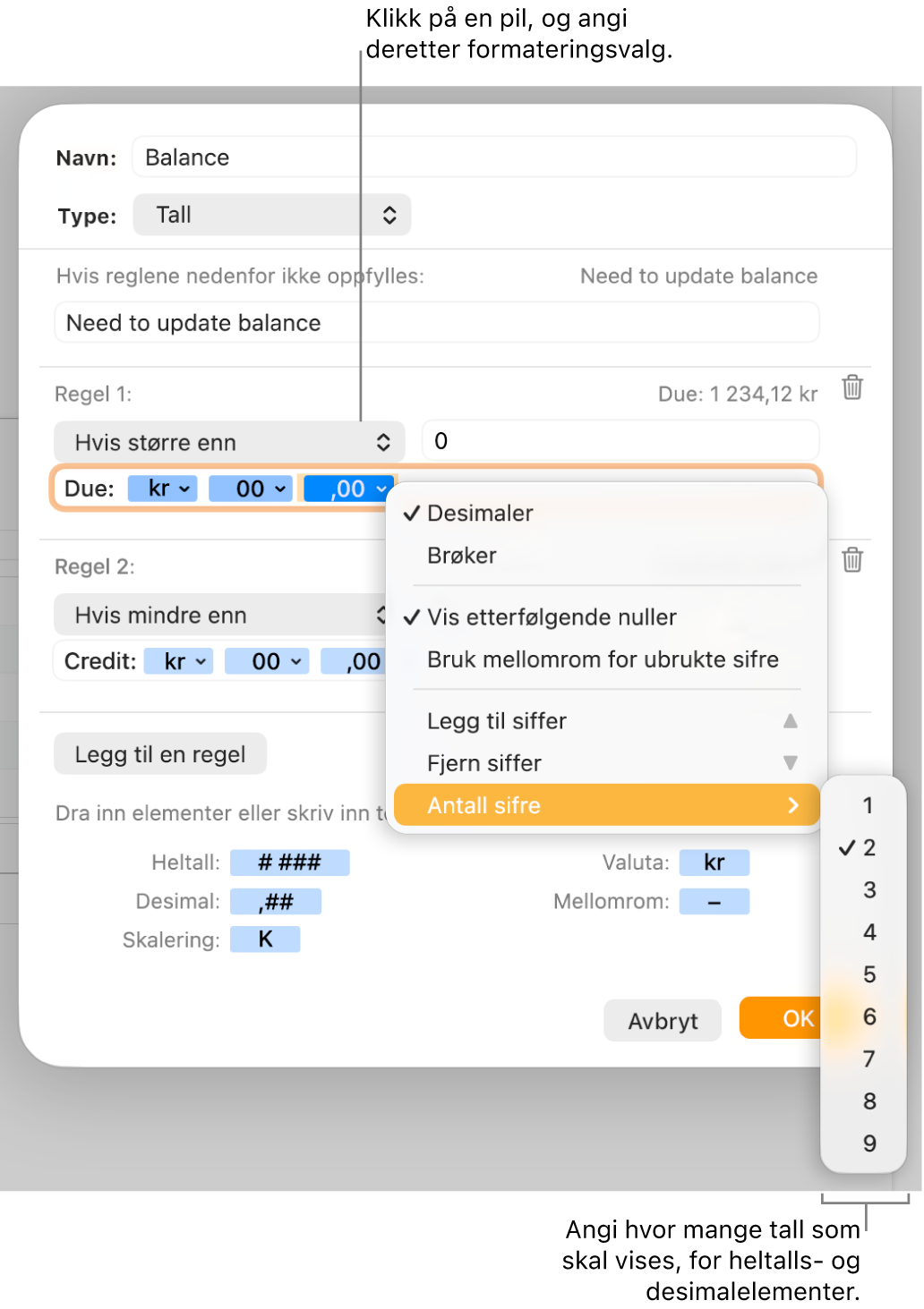 Tilpasset celleformat-vinduet, med kontroller for å velge tilpassede formateringsalternativer.