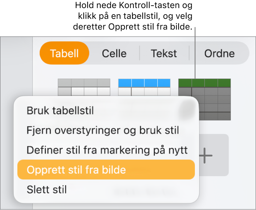 Snarveismenyen for tabellstiler.