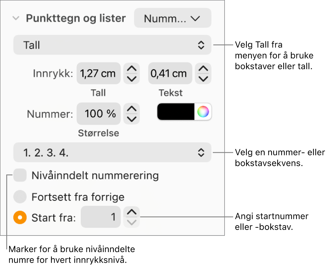 Kontrollene for å endre nummereringsstilen og avstanden for en liste.
