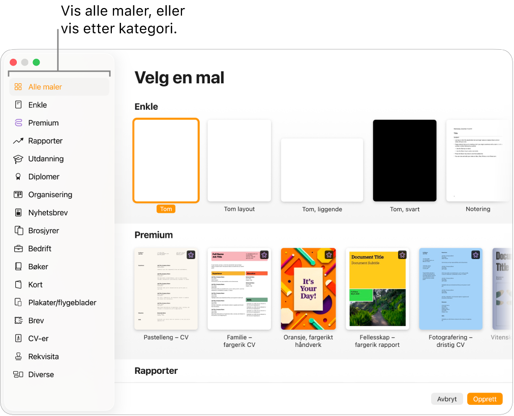 Malvelgeren. Et sidepanel til venstre viser malkategorier som du kan klikke på for å filtrere valg. Til høyre vises miniatyrbilder av forhåndsdesignede maler arrangert i rader etter kategori, med Enkle øverst, etterfulgt av Rapporter og Bøker – stående. Språk og region-lokalmenyen er nederst til venstre, og Avbryt- og Velg-knappene er nederst til høyre.