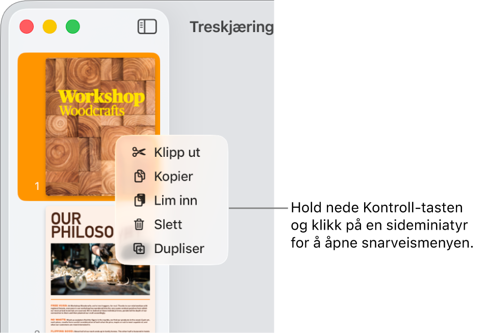 Sideminiatyrvisning med én sideminiatyr markert og snarveismenyen åpen.