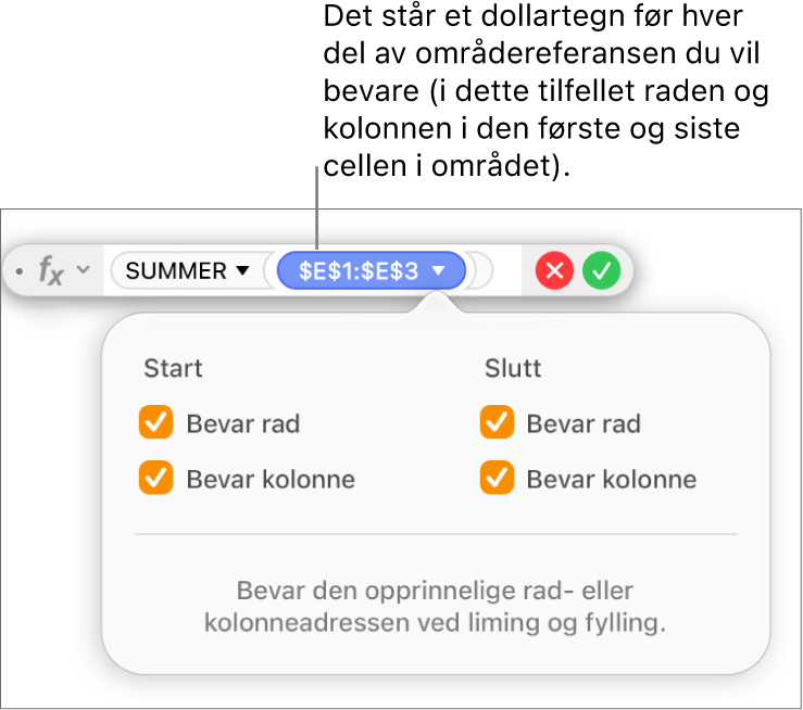 Formelredigeringen med valgene Bevar rad og Bevar kolonne markert for et bestemt område.