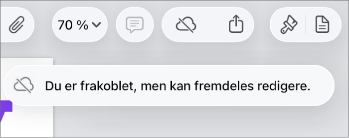 Knappene øverst på skjermen, med Samarbeid-knappen endret til en sky med en diagonal linje gjennom. I et varsel på skjermen står det: «Du er frakoblet, men kan fremdeles redigere.»