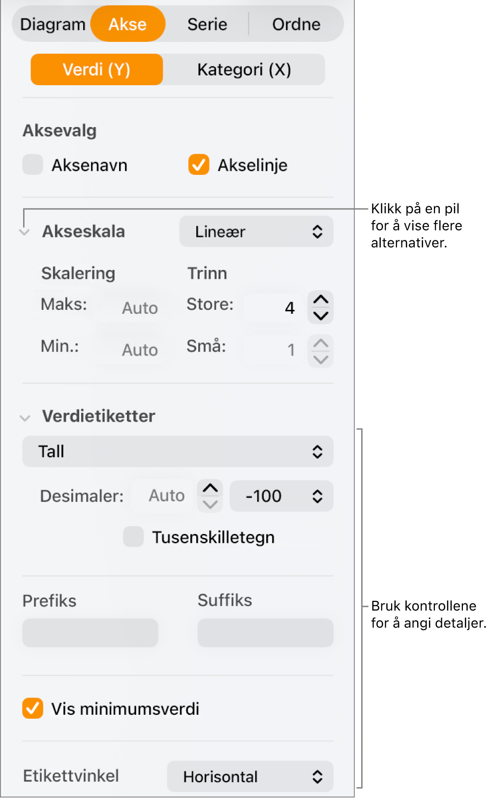 Kontroller for å formatere diagramaksemerker.