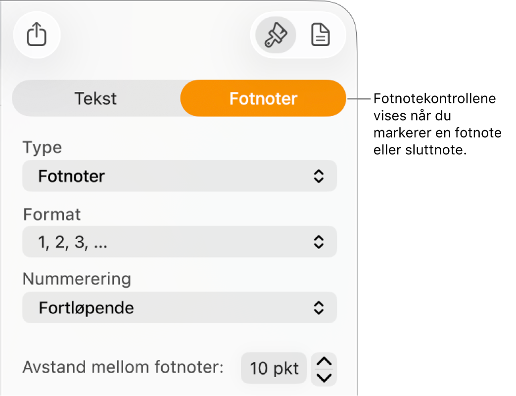 Fotnoter-panelet, som viser lokalmenyer for Type, Format, Nummerering og avstand mellom noter.