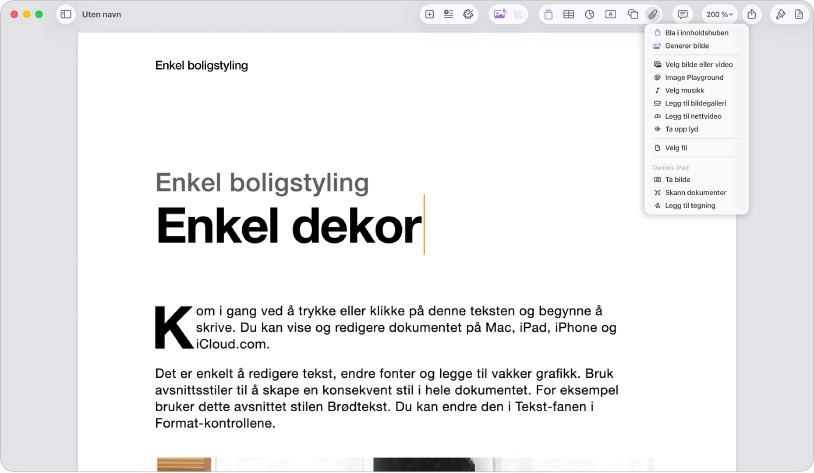 Åpent dokument der Legg til medieinnhold-menyen vises.