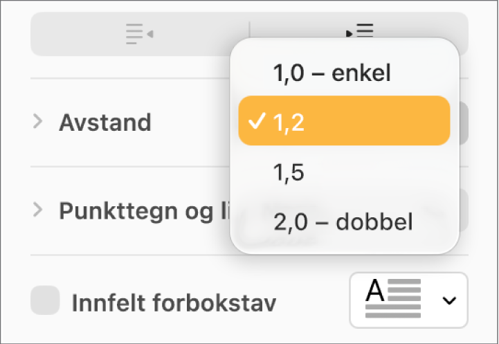 Avstand-lokalmenyen, med Enkel, Dobbel og andre alternativer.