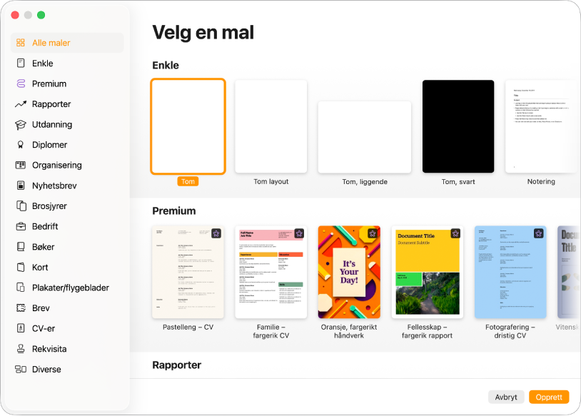 Malvelgeren. Et sidepanel til venstre viser malkategorier som du kan klikke på for å filtrere valg. Til høyre vises miniatyrbilder av forhåndsdesignede maler arrangert i rader etter kategori. Avbryt- og Opprett-knappene er nederst i høyre hjørne.