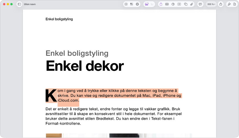 I et åpent dokument med plassholdertekst for mal markert.