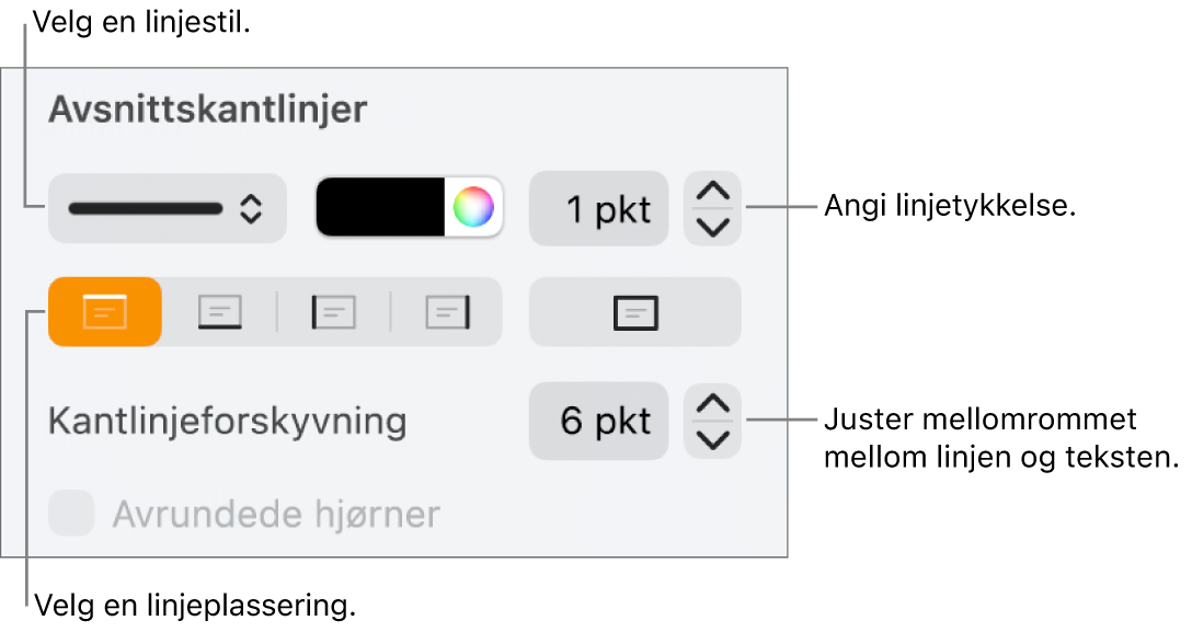 Kontroller for å endre stil, tykkelse, plassering og farge for linjen.
