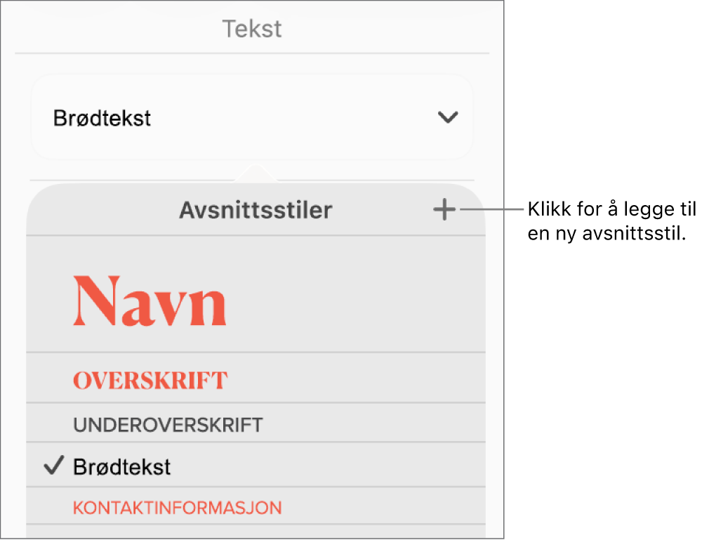 Avsnittsstiler-menyen, med en bildeforklaring for Ny stil-knappen.