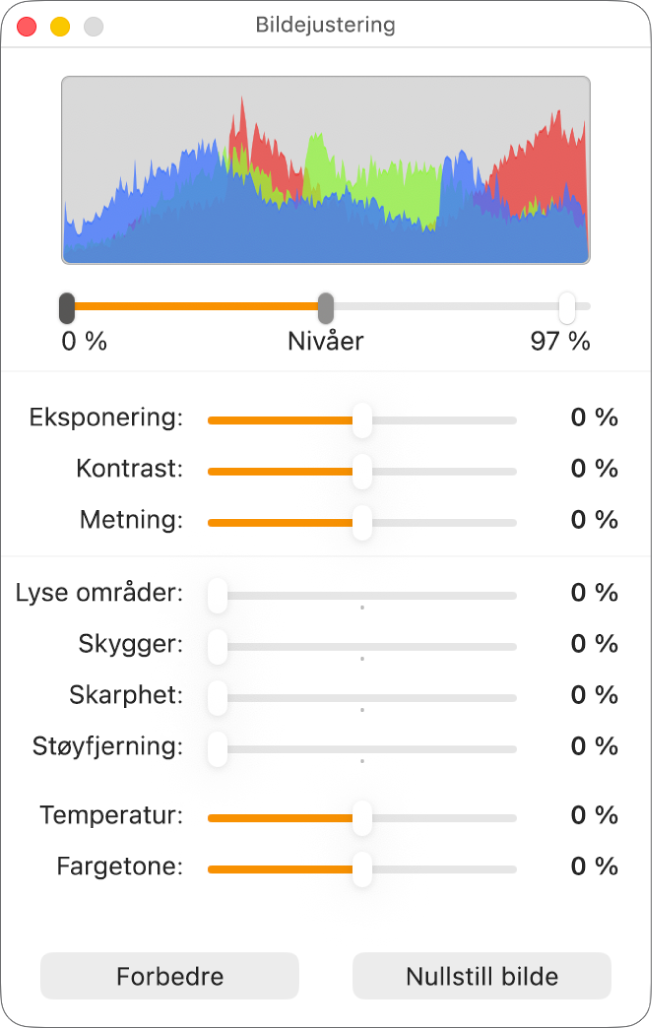 Bildejustering-vinduet, med skyveknapper for å angi eksponering, kontrast, metning, lyse partier, skygger, skarphet, støy, temperatur og fargetone.