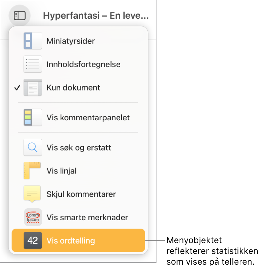 Vis-menyen åpen med Vis tegnantall nesten nederst.