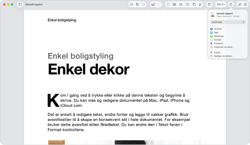 Åpent dokument der Del-menyen vises.
