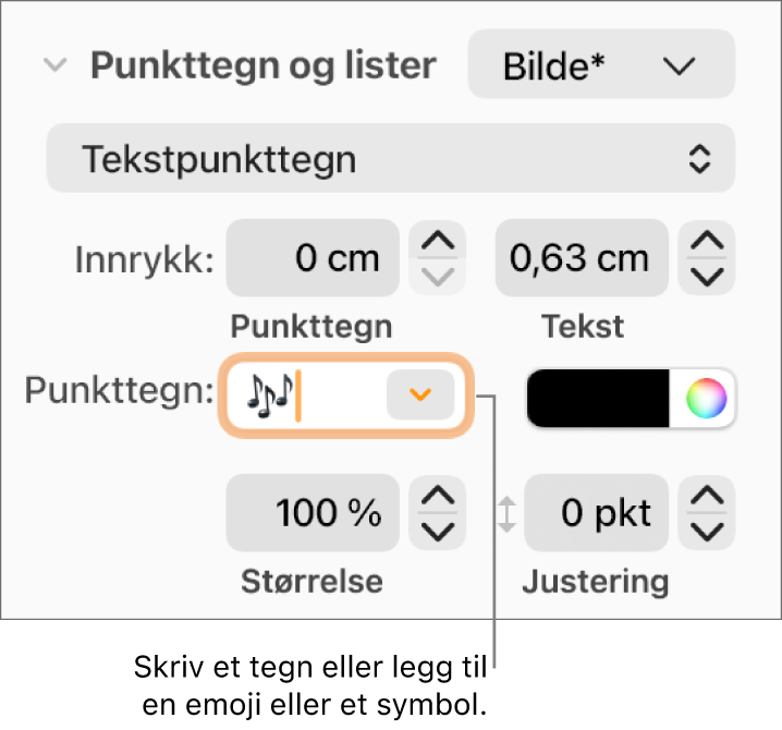 Punkttegn og lister-delen i Format-sidepanelet. Punkttegn-feltet viser en blomsteremoji.