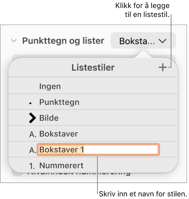 Listestiler-lokalmenyen med en Legg til-knapp øverst i høyre hjørne og et plassholderstilnavn med teksten markert.