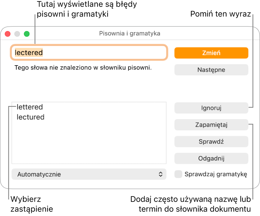 Okno pisowni i gramatyki.