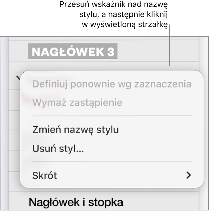 Menu Style akapitu z otwartym menu skrótów.