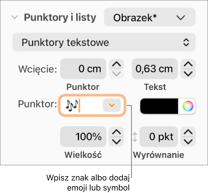 Sekcja Punktory i listy na pasku bocznym Format. Pole Punktor zawiera emoji przedstawiające kwiatek.