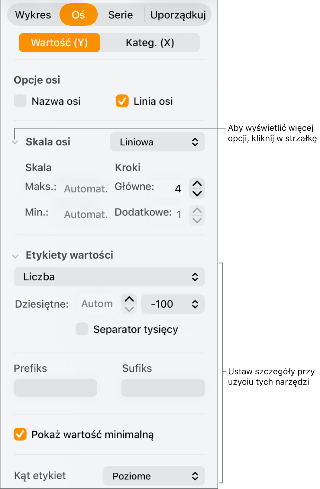 Narzędzia formatowania znaczników osi wykresu.