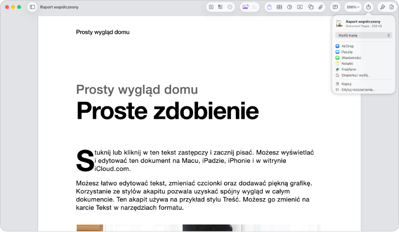 Otwarty dokument z otwartym menu Udostępnij.